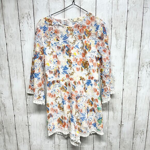 entro Pants - Entro Romper Women S White Floral Fit & Flare Ruffle Short Bell Sleeve Lace Trim